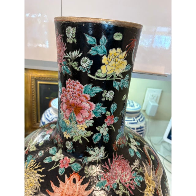 Momumental Vintage Chinese Black Ground Dragon & Floral Porcelain Floor Vase With Gilt Rim For Sale - Image 11 of 18