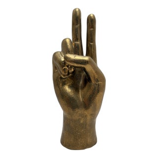 Iconic Gold Toned Figural Peace Sign Hand Decor Accent For Sale