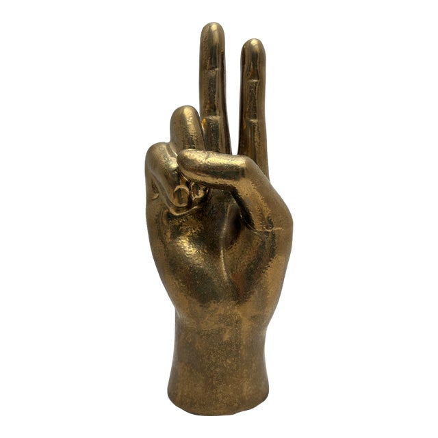 Iconic Gold Toned Figural Peace Sign Hand Decor Accent For Sale