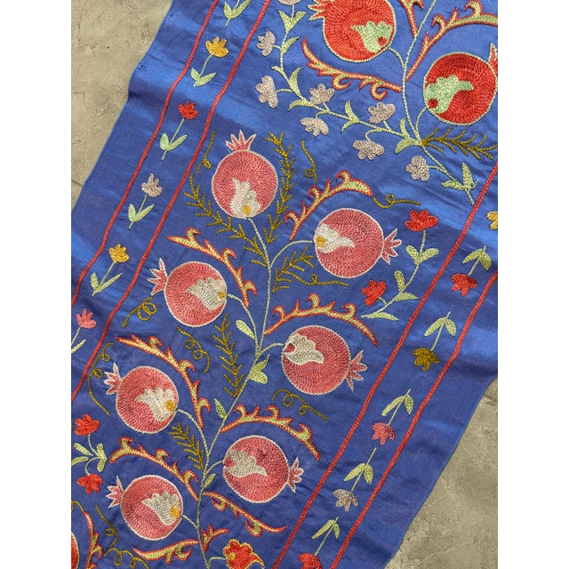2010s Blue Silk Suzani Table Runner With Pomegranate Vine For Sale - Image 5 of 10