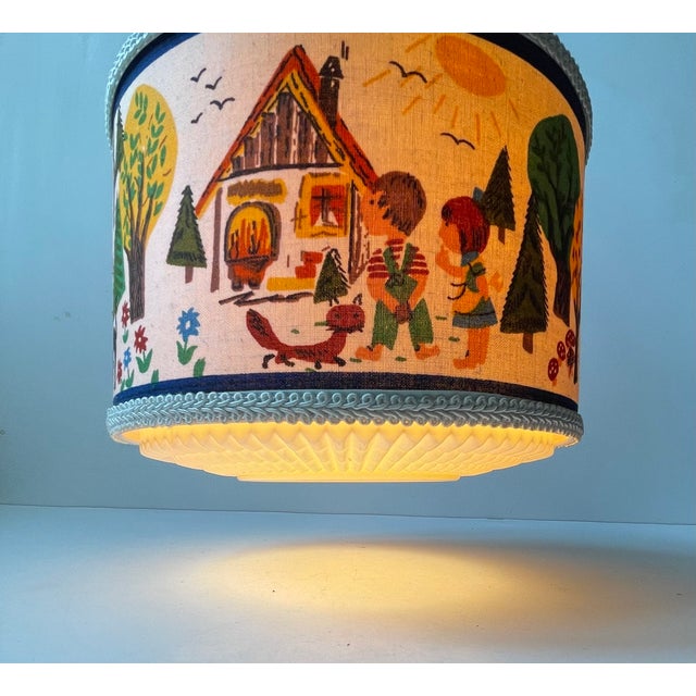 Mid-Century Modern Vintage Children's Room Pendant Light with Hansel and Gretel Fabric Shade, 1970s For Sale - Image 3 of 11