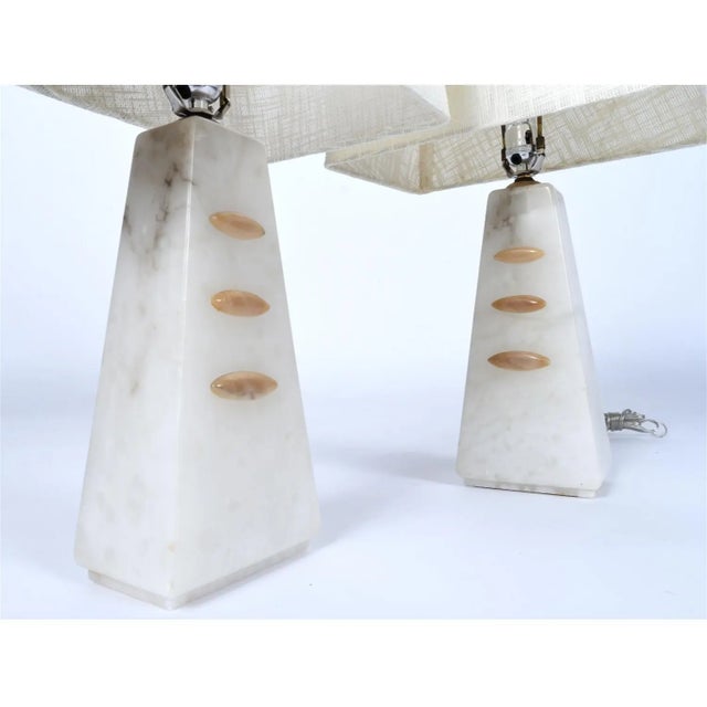 Pair of Alabaster White and Beige Pyramid Modern Art Deco Table Lamps For Sale - Image 4 of 13