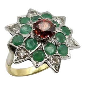 Vintage 18K Gold Starburst Ring with Spessartite Garnet, Emeralds, and Diamonds Size 6.5