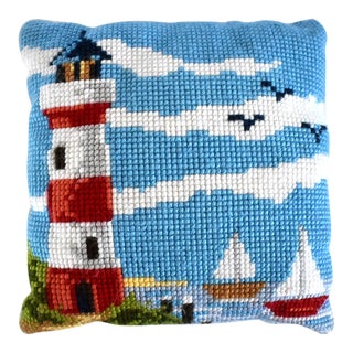 Vintage Nautical Needlepoint Pillow With Lighthouse For Sale
