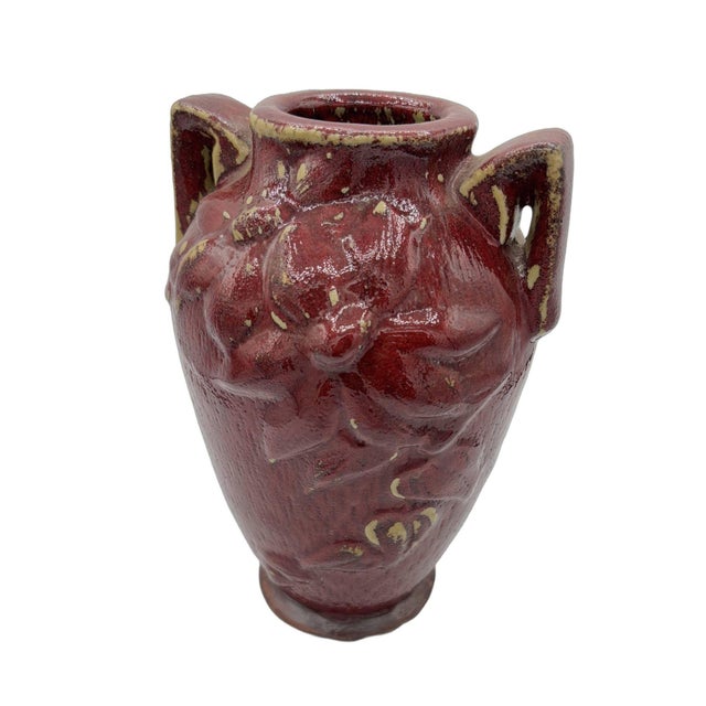 Mid-Century Modern 1960s Red Art Pottery Vase With Dual Handles & Sculpted Floral Relief For Sale - Image 3 of 9