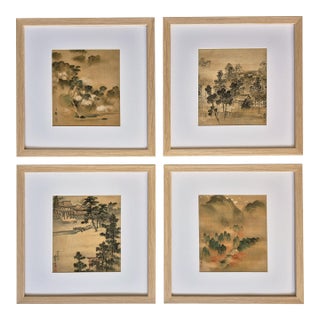 Set of 4 Antique Japanese Paintings of Temples and Landscapes – Newly Framed For Sale