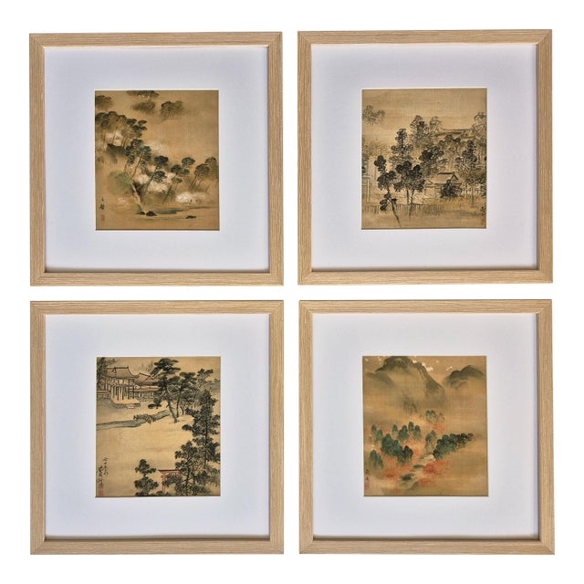 Set of 4 Antique Japanese Paintings of Temples and Landscapes – Newly Framed For Sale
