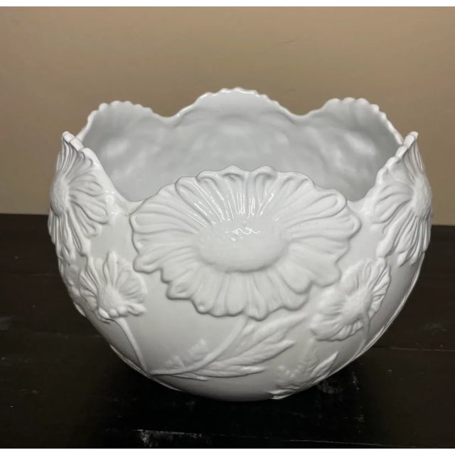 Contemporary Late 20th Century White Ceramic Petal Edge Raised Floral Large Bowl Cachepot Made in Portugal For Sale - Image 3 of 12