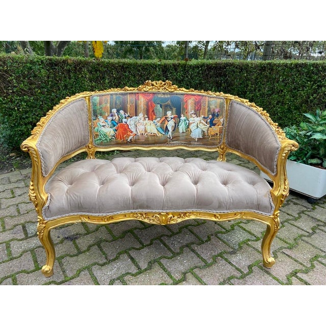 1975 French Louis XVI Gilded Beech Velvet & Silk Artwork Settee For Sale - Image 12 of 12