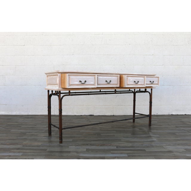 1970s Hollywood Regency Faux Bamboo Metal & Wood Four-Drawer Console Table For Sale - Image 15 of 18