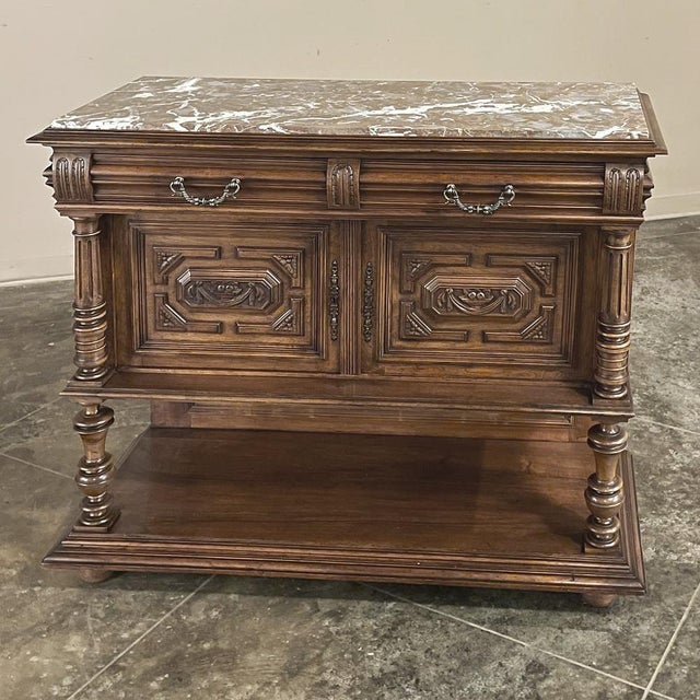 19th Century French Neoclassical Henri II Marble Top Walnut Buffet For Sale - Image 4 of 18
