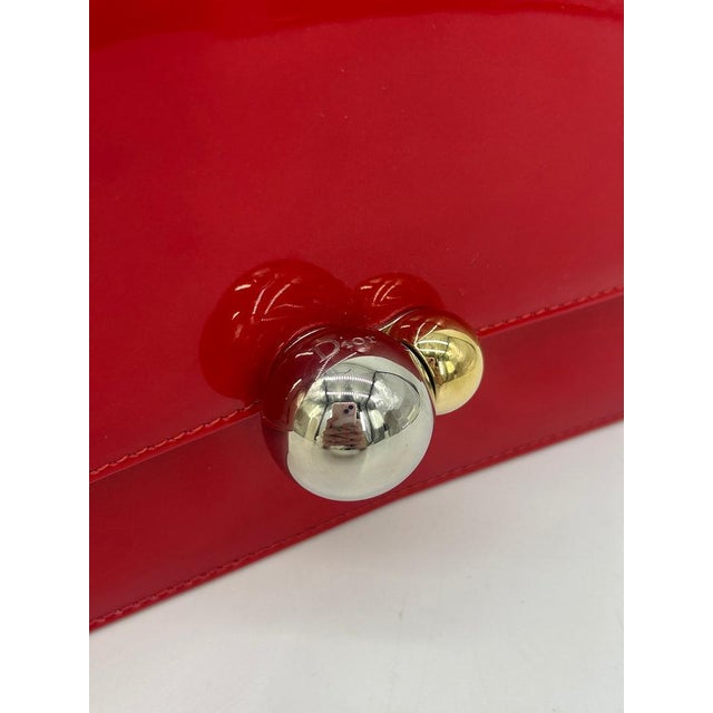 Metal Mid 20th Century Christian Dior Red Patent Leather Tribale Chain Flap Bag For Sale - Image 7 of 11