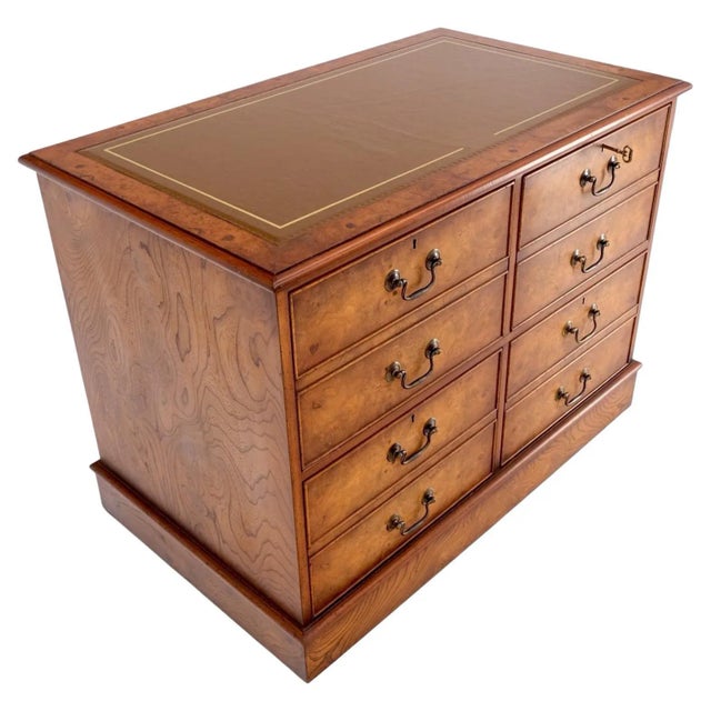 4 Drawers Embossed Leather Top Burl Wood File Cabinet Credenza w/ Key For Sale - Image 13 of 13