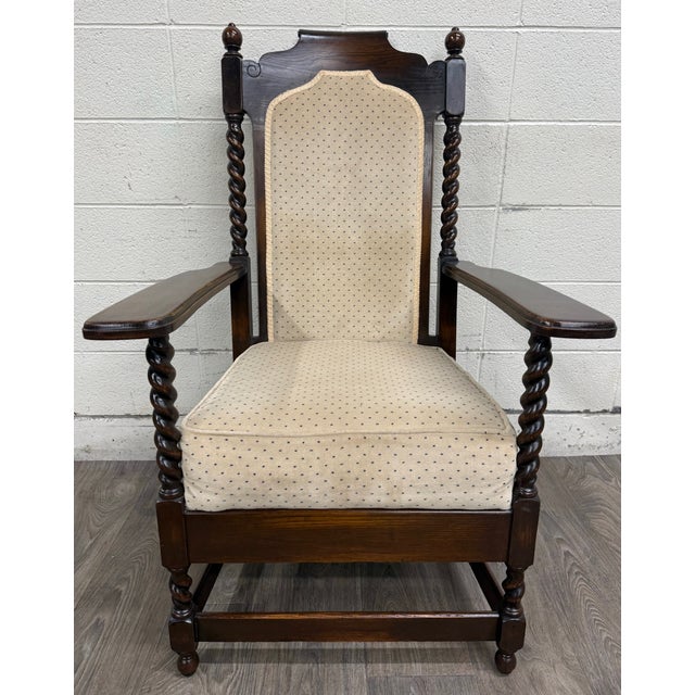 Vintage Jacobean Revival or Tudor Style Barley Twist Oak Armchair and Rocker Set For Sale - Image 9 of 17