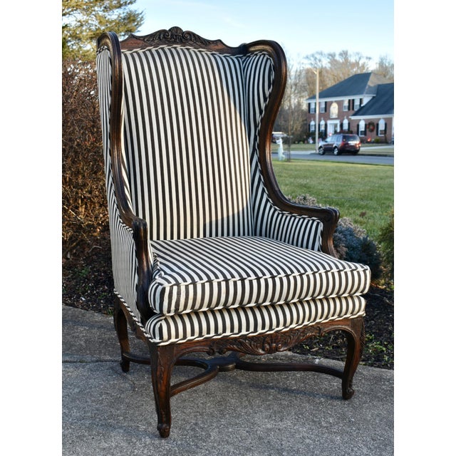 Vintage Carved Oak Country French High Back Wing Chair For Sale - Image 11 of 13