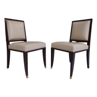Beige Leather Side Chairs with Brass from the Hotel Baur Au Lac Zurich, 1980, Set of 2 For Sale