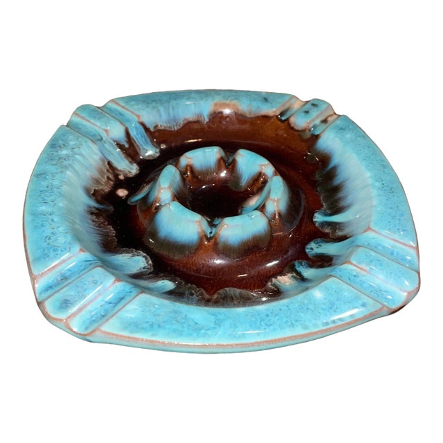 Mid Century Blue and Brown Drip Glaze Ashtray For Sale