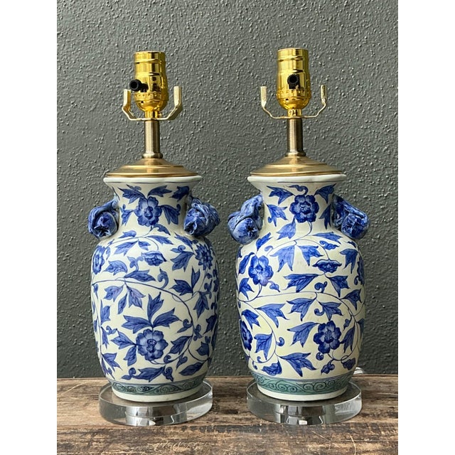 Chinoiserie Vintage Asian Blue and White Floral Ceramic Lamps - A Pair For Sale - Image 3 of 12