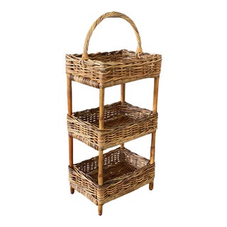 Vintage Coastal Three Tiered Woven Rattan Stand For Sale