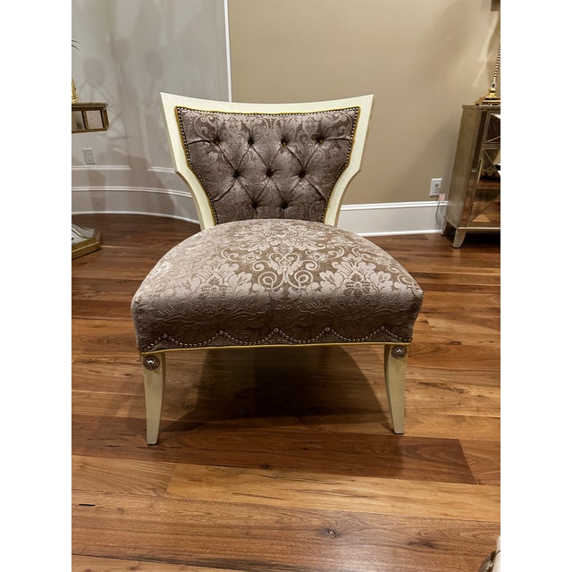 Dove Grey damask pattern upholstery. Gold Corded Piping With Shiny Studded Nail Heads. Two available.
