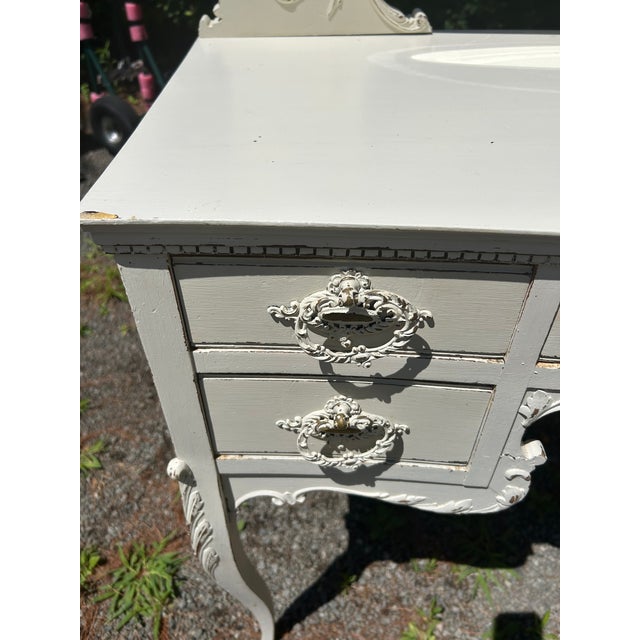 1950s Charming White Painted Wood Vanity With Oval Mirror For Sale - Image 5 of 17