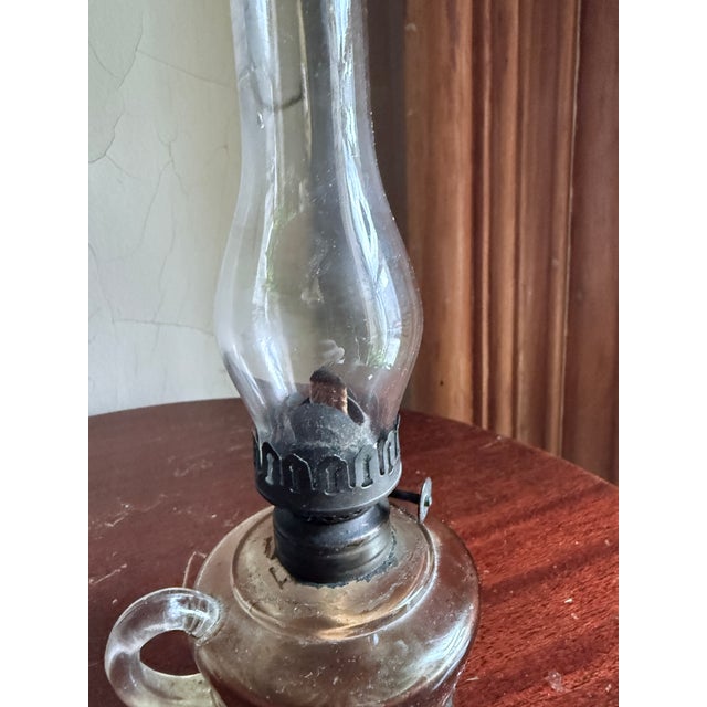 Antique, 19th Century Glass Finger Lamp Chamber Lamp Brass Hornet Burner Clear Glass For Sale - Image 4 of 14
