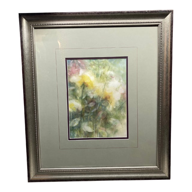 Julie M Fox “Yellow Impresions” Framed Abstract Floral Original Watercolor Painting For Sale