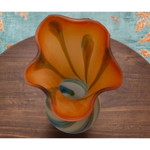 Zareh Orange Art Glass Fazzoletto Vase With Green Blue Swirl For Sale - Image 16 of 18