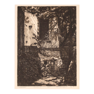 "Facade" - Intaglio Etching of a Brick Building With Trees by Ron Blumberg