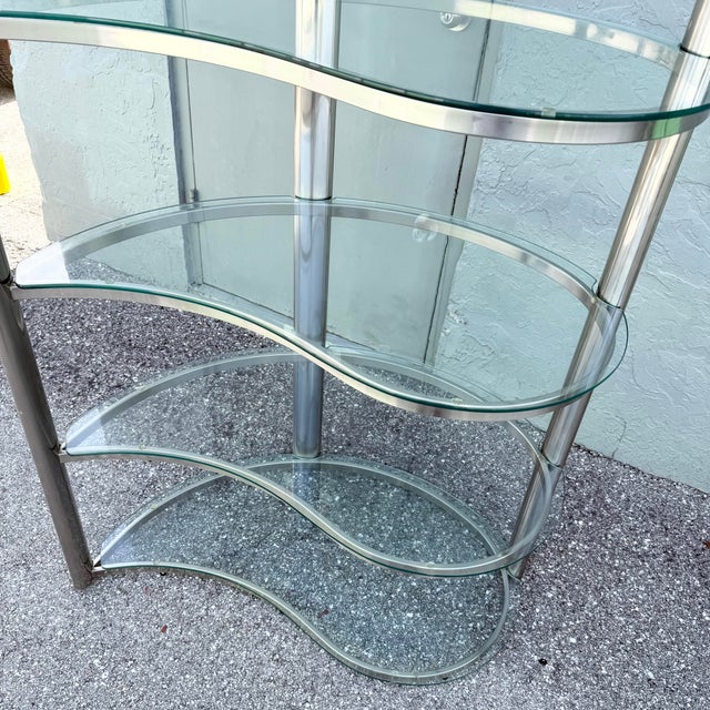 Late 20th Century Postmodern Sculpted Brushed Metal Etagere/Bookshelf With Tear Drop Glass Shelves For Sale - Image 5 of 12