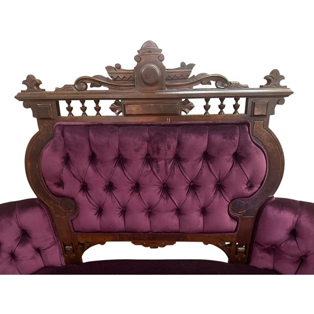 Antique Victorian Eastlake Style 3 Piece Ornate Carved Walnut Parlor Set Newly Reupholstered in a Purple Velvet For Sale - Image 16 of 17