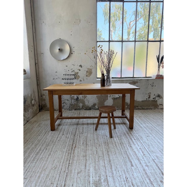 Antique small farmhouse table in a rustic style, with a square base and central stretcher. Made entirely of oak, it has a...