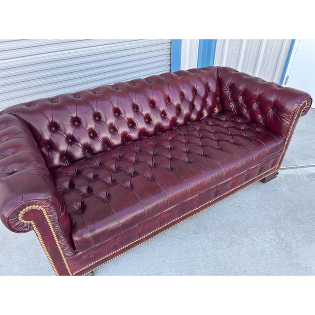 Wood 1960s Mid Century Chesterfield Burgundy Leather Tufted Sofa For Sale - Image 7 of 10