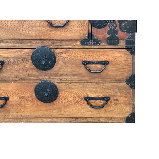 Black Vintage Brown Wood Black Hardware Accent Stack Tansu Chest Cabinet For Sale - Image 8 of 10