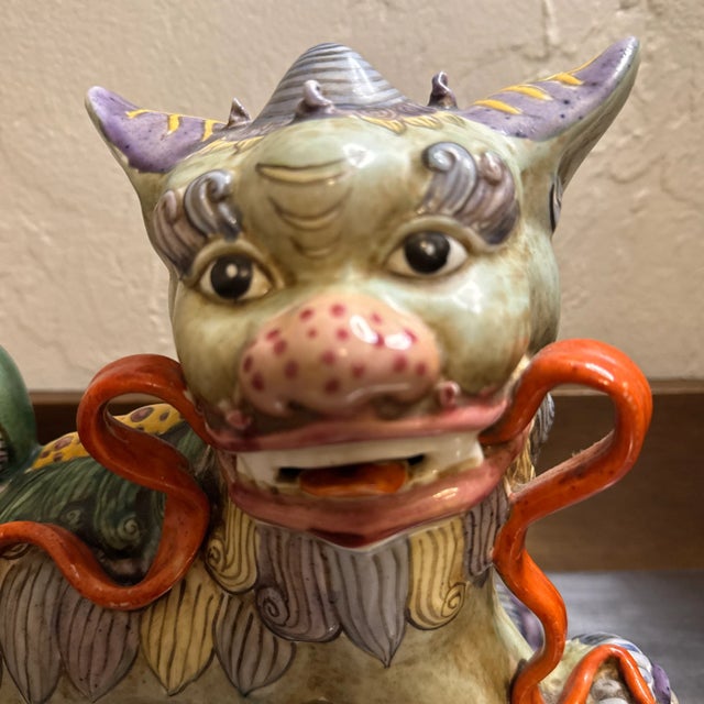 Vintage Multi-Color Porcelain Foo Fog- 8” high. Made in Hong Kong. Stamp/Makers Mark in red on bottom of one foot. Ornate,...
