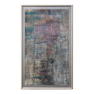 William Lee Moreland "Masked Figure" Blue and Gray Toned Abstract Expressionist Textured Painting, 1961 For Sale