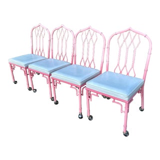 1970s Pink Metal Cathedral Style Fretwork Dining Chairs - Set of 4 For Sale