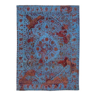 Blue Vintage Persian Overdyed Scatter Wool Rug With Floral Motif For Sale