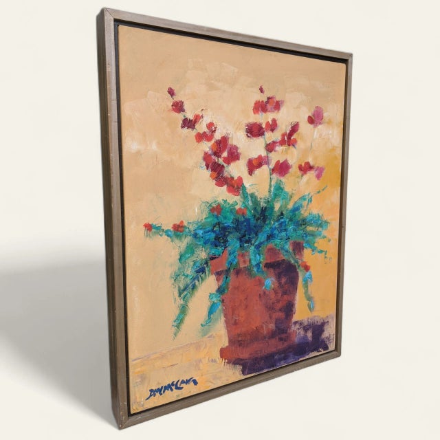 Textile Vintage Original Still Life Potted Begonia Flower Oil Painting Signed For Sale - Image 7 of 10