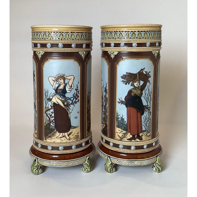 Late 19th Century Doulton Hand Decorated Cylinder Vases, 1880s - A Pair For Sale - Image 5 of 12
