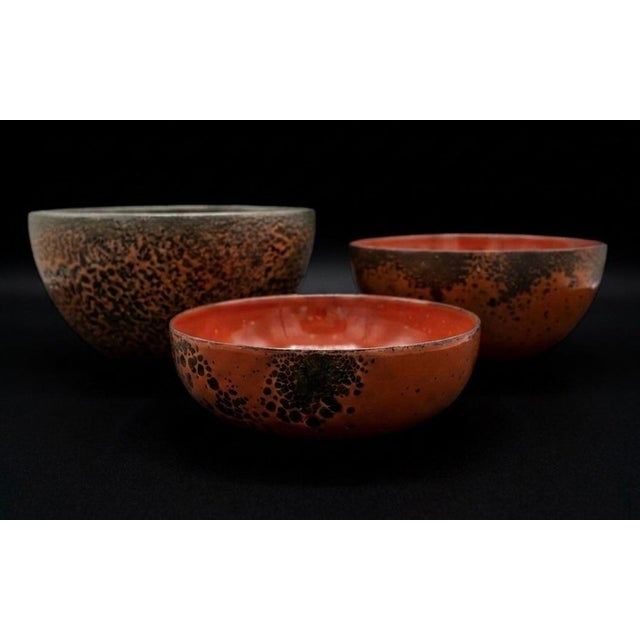 Hanova of Pasadena Rare Enameled Steel "Lava" Bowl - Rust/Orange 3pc Set For Sale - Image 6 of 8