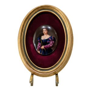 Hand-Painted Porcelain Portrait After Titian's "La Bella" – Gilt Oval Frame