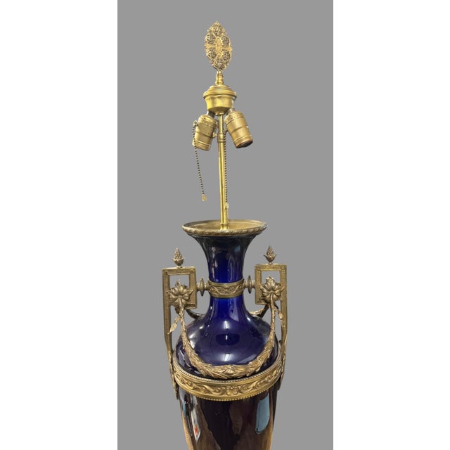 Antique Cobalt Blue Porcelain Bronze Mounted French Empire Style Table Lamp For Sale - Image 9 of 10