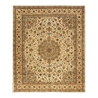 1940s Antique Beige Shah Abbas Floral Traditional Tabriz Knotted Wool Carpet Rug For Sale