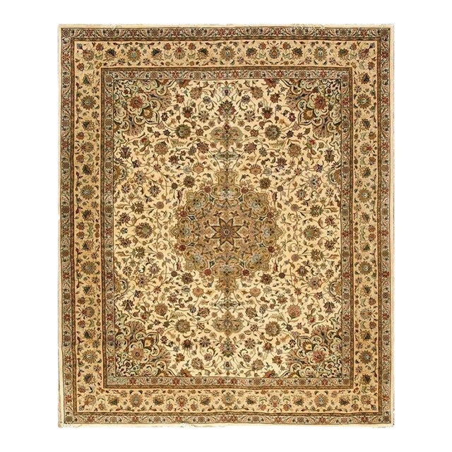 1940s Antique Beige Shah Abbas Floral Traditional Tabriz Knotted Wool Carpet Rug For Sale