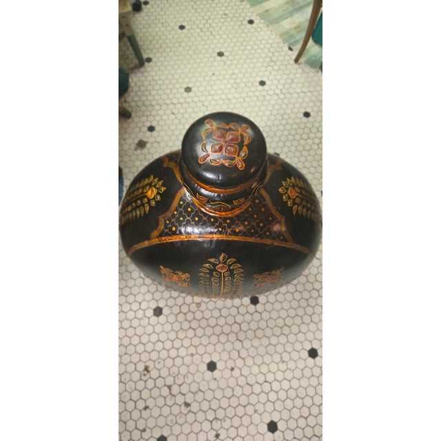 Vintage Hand-Painted Blackware Pottery Bottle Vase With Floral Folk Art Motif For Sale - Image 12 of 18