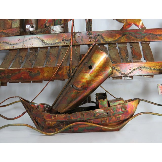 Vintage Curtis Jere Style Torch Cut Copper Wall Sculpture of a Boat Dock Scene For Sale In Chicago - Image 6 of 9