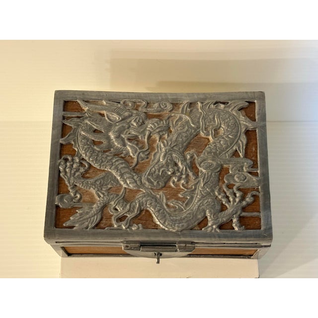 Brown Vintage Chinese Dragon Relief Wood & White Metal Decorative Trinket Box For Sale - Image 8 of 12
