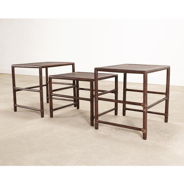 Late 20th Century Nest of Three McGuire Rattan Cane Raffia and Oak Side Tables For Sale - Image 5 of 18