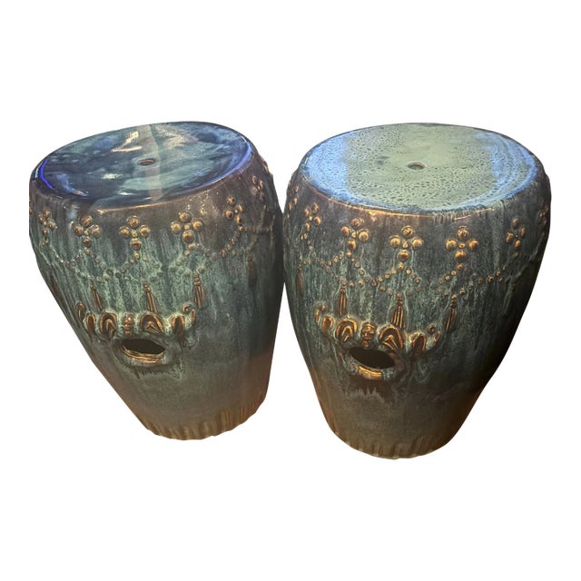 Vintage Chinese Cobalt Blue Glazed Porcelain Drum Form Garden Plant Stands - Set of 2 For Sale